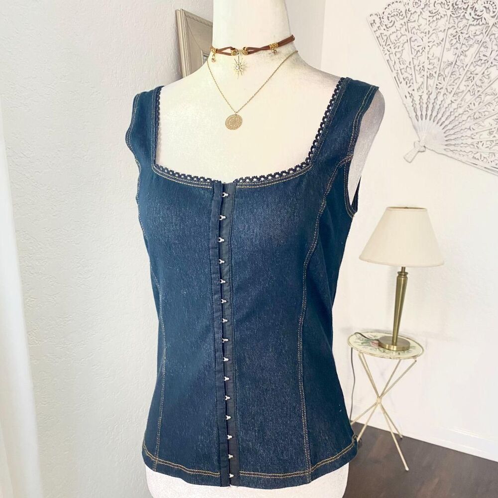 Early 2000's Made in USA Dark Blue Denim Metal Hook Corset Top L